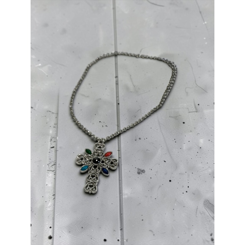 Avon Large Cross Necklace 24" Multi Color Cabochons Silver Tone Vintage Filigree